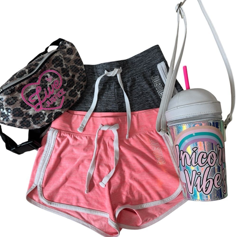 Justice Bundle Shorts and Unicorn Vibes Glitter Tumbler Bag Plus Sequin Bag